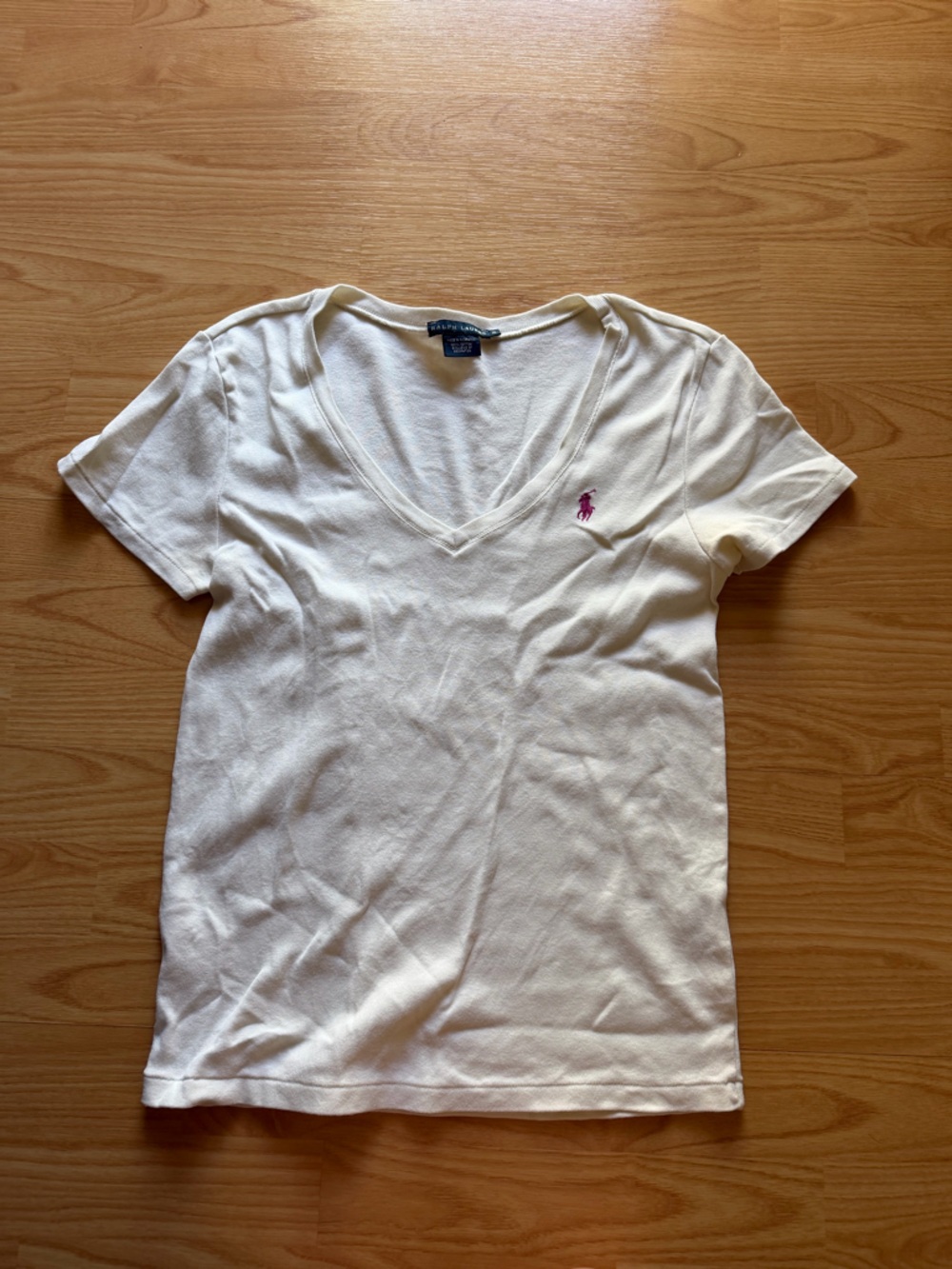 Ralph Lauren Preppy Logo V Neck Tee Casual Classic Ivory Magenta Pink Pony